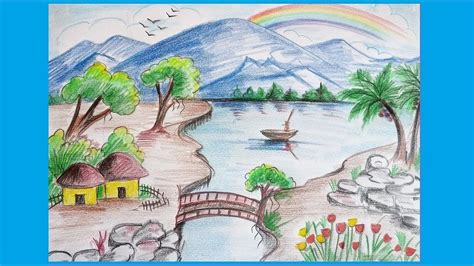 How To Draw Simple Scenery For Kids Rainbow Landscape Village