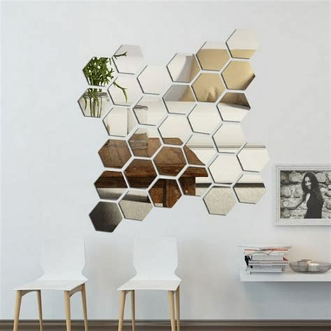 12pcs Diy Wall Sticker Hexagonal 3d Mirror Self Adhesive Mirror Tiles For Home Decor Gold Silver