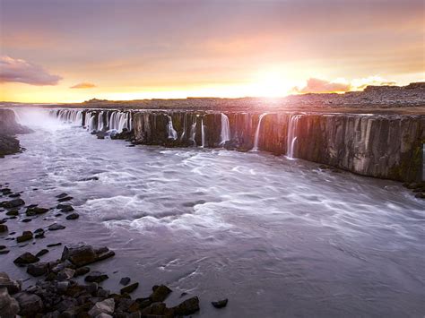 Selfoss Waterfall In Iceland Sunset Landscape Best For Tablets And