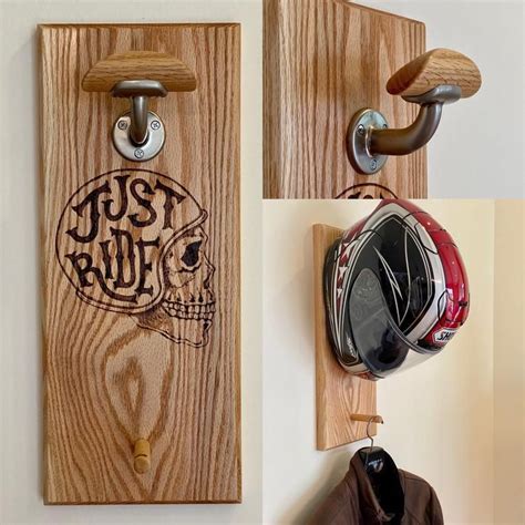 Some racks include a space for a hat or other objects to be placed. Helmet rack Motorcycle helmet hanger Helmet storage Wall ...