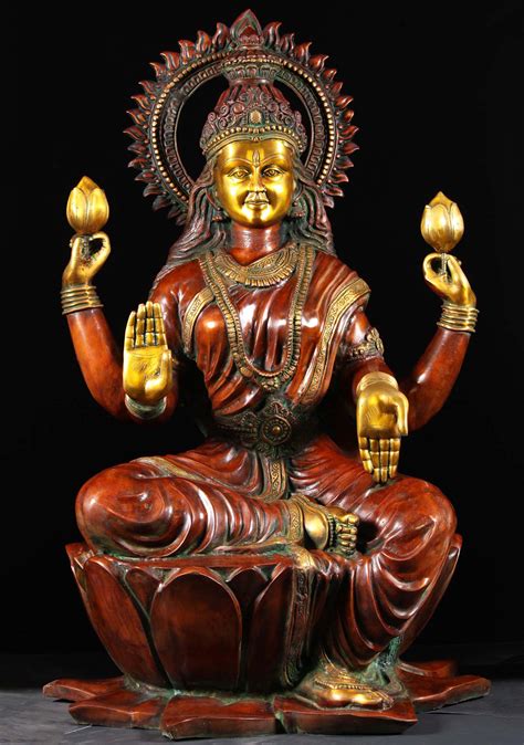 Brass Large Lakshmi Statue Seated In Lalitasana On Large Lotus Base