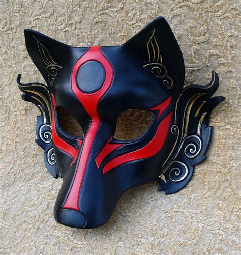 Black Okami Leather Mask Handmade Japanese Wolf Mask Etsy