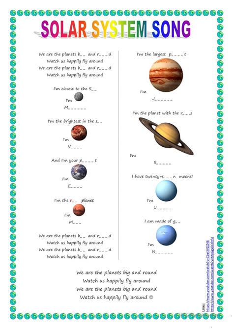 Song For Kids Planets Solar System Song Worksheet Free Esl