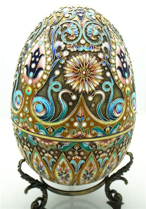 Large Russian Silver Enamel Egg With Stand 84 Silver Purity Stamp And