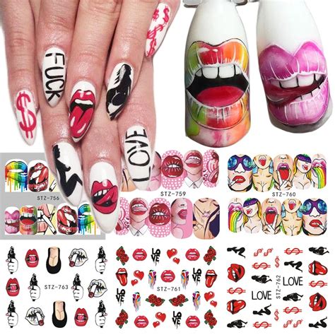 1pcs Nail Stickers Sexy Lips Cool Girl Water Decals Wraps Cartoon