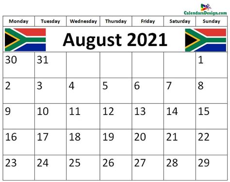 August 2021 Calendar South Africa