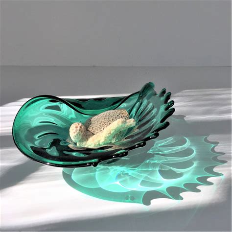 Art Glass Seashell Bowl Vintage Glass Conch Shell Mouth Blown Glass Bowl Green Glass Beach