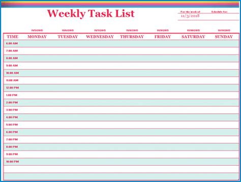 √ Free Printable Weekly Task List Template Excel