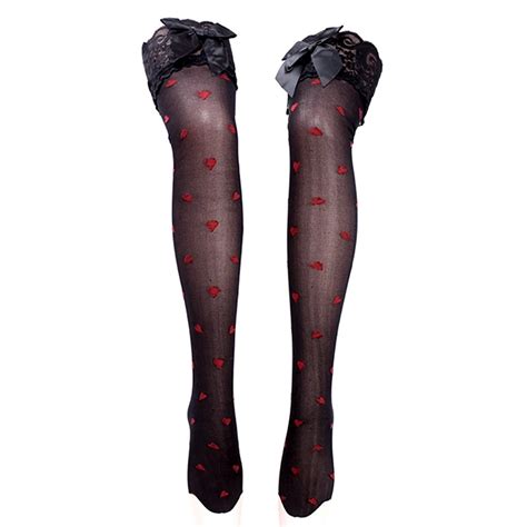 Women Lady Sexy Lace Top Sheer Long Stocking Thigh High Red Sweet Heart Hosiety Tights Bowknot