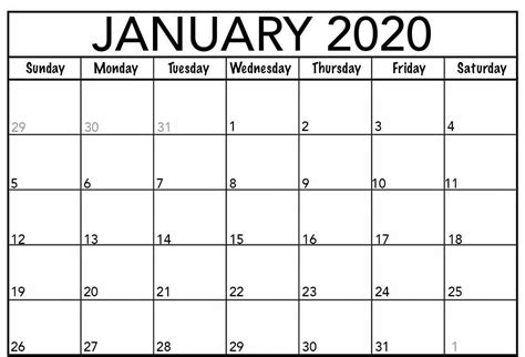 Printable Calendar And Template — January 2020 Calendar Pdf Word Excel