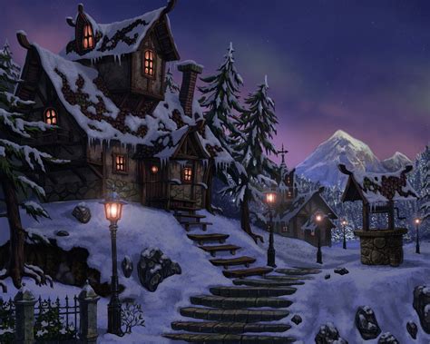 Winter Snow Night Houses Fantasy Art Artwork Desktop Background