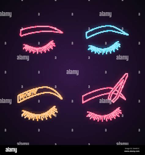 Eyebrows Shaping Neon Light Icons Set Straight And Soft Arched