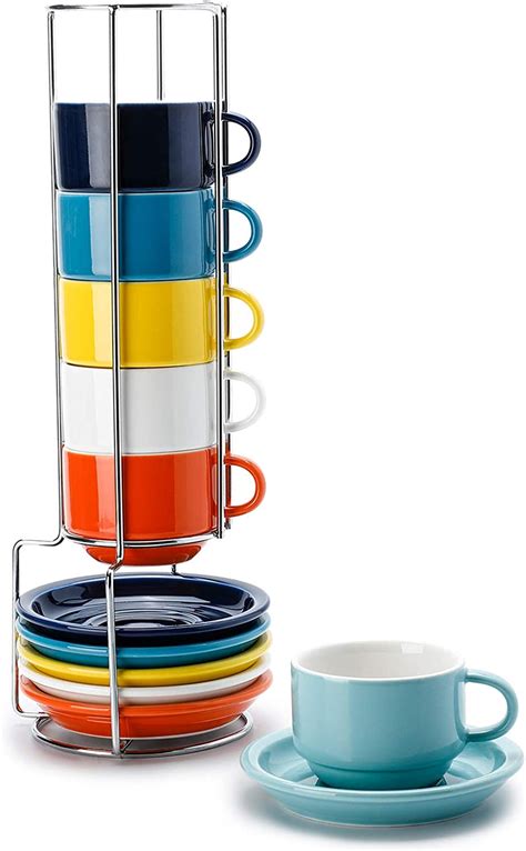 Sweese 405002 Porcelain Stackable Espresso Cups With Saucers And Metal