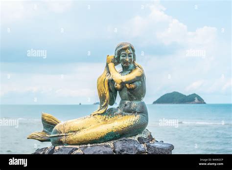 Songkhla Thailand August 6 2017 View Of The Golden Mermaid Statue