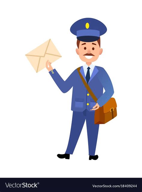 Postman Cartoon Character In Blue Uniform Delivering Letter Flat Vector
