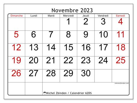 Calendrier Novembre 2023 à Imprimer “62ds” Michel Zbinden Ch
