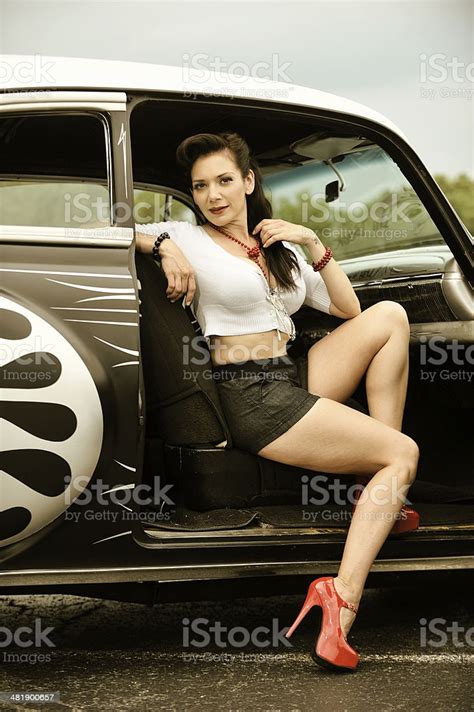 Retro 50s Pin Up Girl And Car With Post Processing Stock