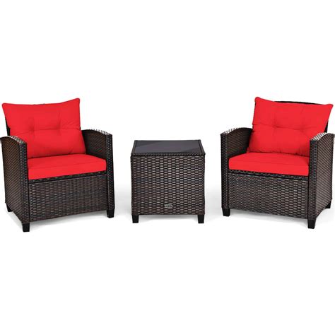 3 Piece Rattan Red Cushioned Patio Furniture Set Affordable Modern