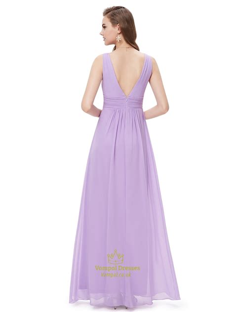 Lilac V Neck Sleeveless Chiffon Bridesmaid Dresses For