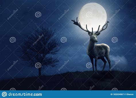 Big Deer Carries Moon On Its Antlers In One Night Stock Illustration