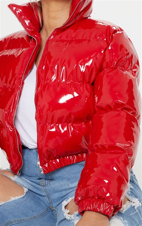 Plus Red Cropped Vinyl Puffer Jacket Prettylittlething Ca
