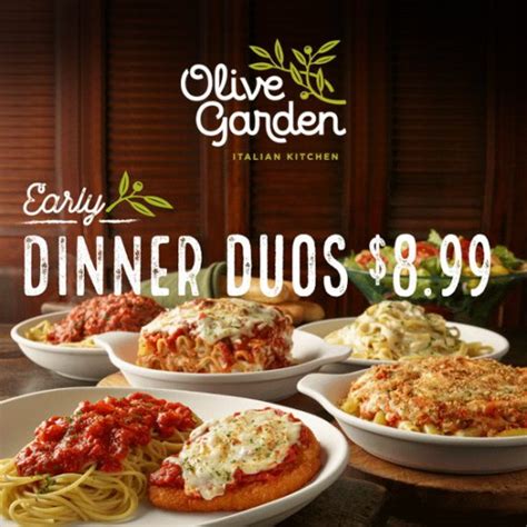 Apply olive garden promo code at checkout and enjoy Early Dinner Duos for $8.99 Senior Discounts Club