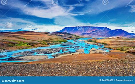 Beautiful Icelandic Valley Volcanic Landscape Blue Turquoise River