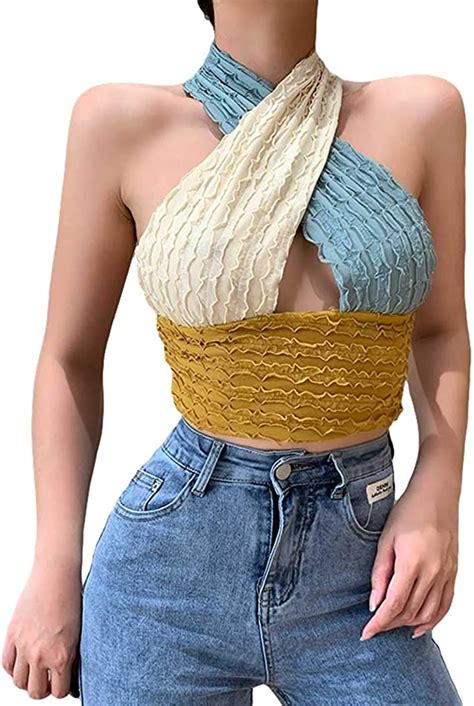 Women Sexy Criss Cross Halter Top Cutout Ruched Backless Crop Tank Strappy Tie Summer Wrap Crop