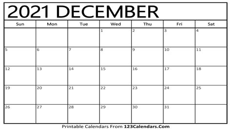 Printable December 2021 Calendar Templates And Holidays 123calendars