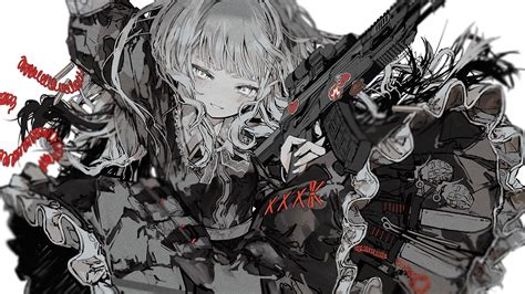 Safebooru 1girl Arm Up Assault Rifle Bangs Black Dress Blunt Bangs Cable Commentary Dress
