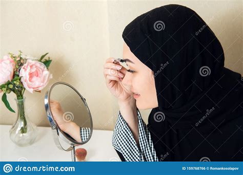 Beautiful Muslim Woman Applying Mascara Young Arab Woman