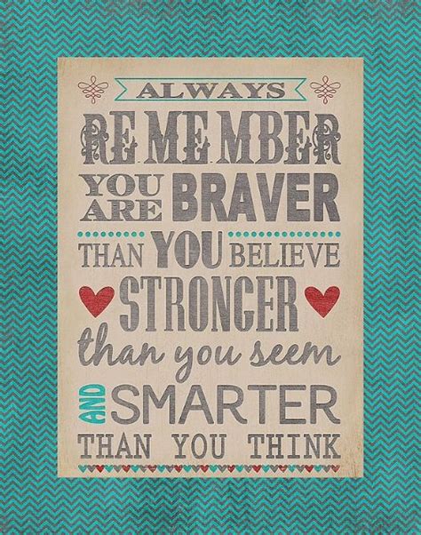 Always remember you are braver than you believe, stronger than you seem, smarter than you think and twice as beautiful as you'd ever imagined. You Are Stronger Than Think - Picture Quotes