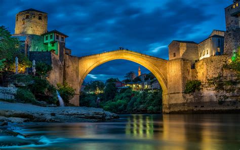 Download Wallpapers Mostar Neretva River Evening Sunset Stone