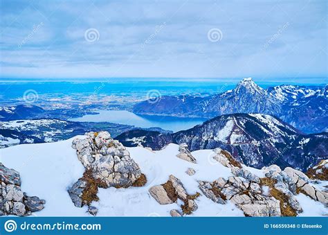 The Scenery With Traun Lake And Traunstein Mount Salzkammergut
