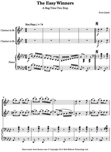 Print instantly, or sync to our free pc, web and mobile apps. Scott Joplin - The Easy Winners (A Rag Time Two Step) sheet music for Clarinet Duet - 8notes.com