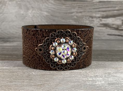 Recycled Leather Cuff Bracelet With Swarovski Crystal Concho Etsy