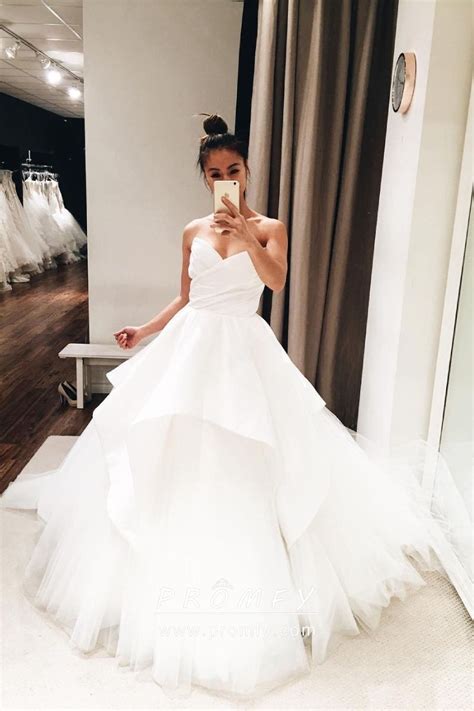 Strapless Modern White Tulle Ball Gown Wedding Dress With Satin Overlay