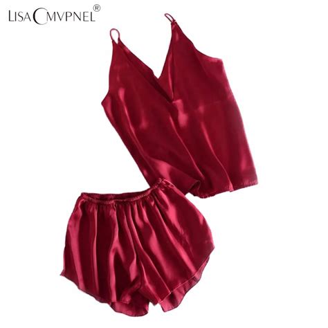 Lisacmvpnel Summer Fashion Rayon V Neck Women Pajama Set Solid Spaghetti Strap Nightgownshorts