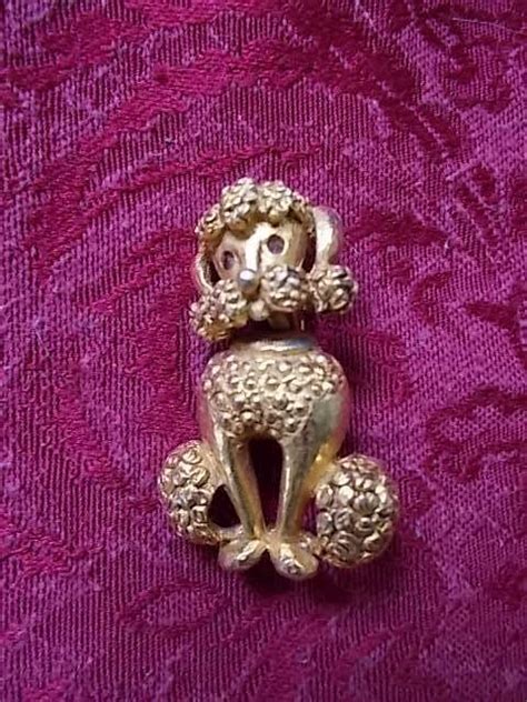 Vintage Poodle Pin Brooch Goldtoned Ruby Eyes Bobble Head 2 Inches
