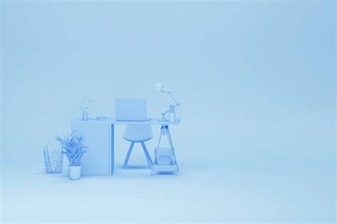 Premium Photo Pastel Blue Monochrome Minimal Office Table Desk