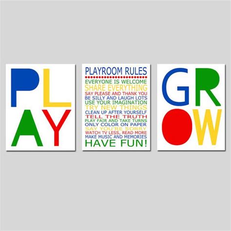 Playroom Rules Set Of 3 Play Love Grow Kids Wall Art For Play Room