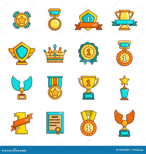 Awards Medals Podium Trophies Prizes Set Of Colour Vector