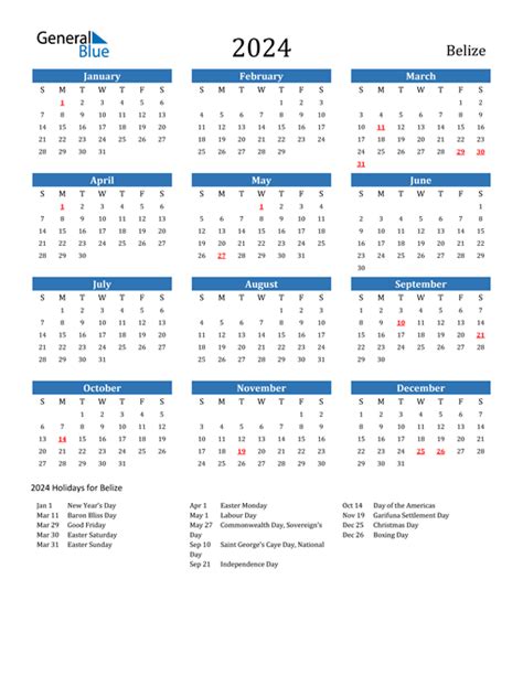 Belize Calendars With Holidays