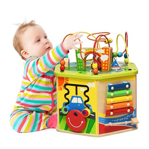 Baby Wooden Activity Cube Play Maze Educational Bead Center Toy 5 Sides