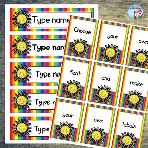 Editable Name Tray And Coat Peg Labels Rainbow And Sun Primary