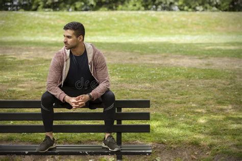 Fit Young Man Leaning On Bench In Park Stock Photo Image Of Active