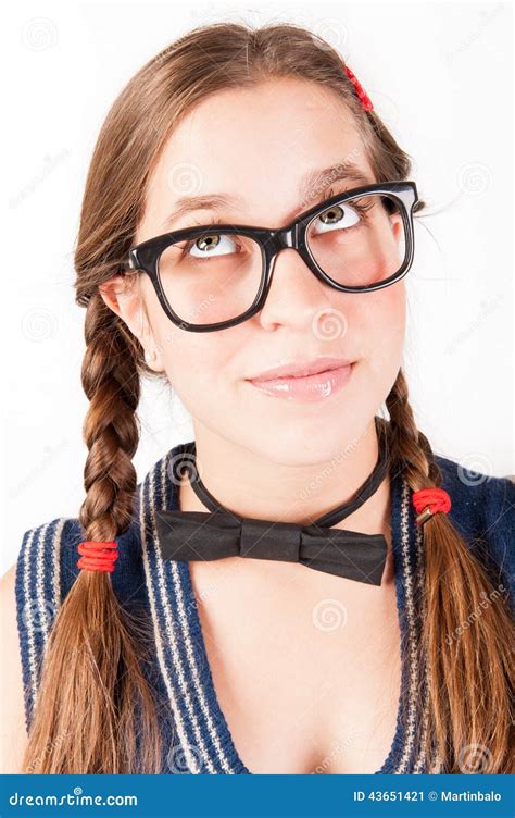 Young Nerdy Girl Looking Up Thinking Stock Image Image Of Girl