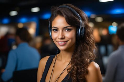 Premium Ai Image Woman Wearing Headphones And Smiling At The Camera