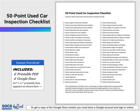 Used Car Inspection Checklist Printable Editable Google Docs Vehicle