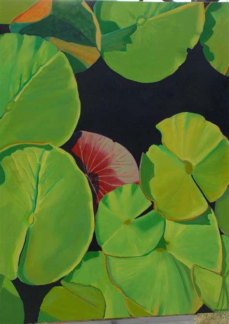 A Painting Of Water Lilies And Leaves On A Black Background